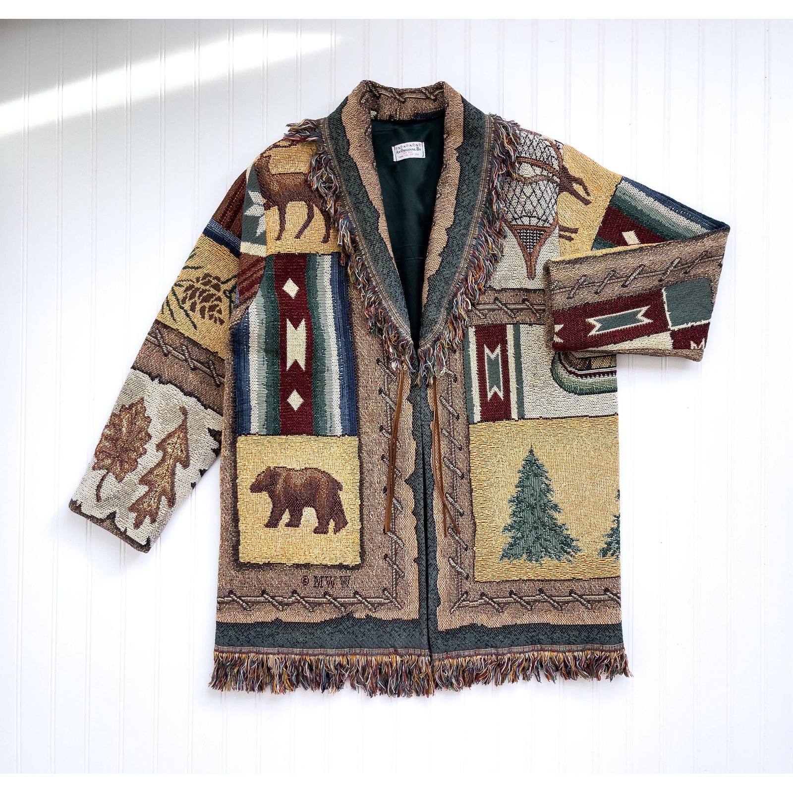 Vtg Jan's Jems Bear Deer Fish Rustic Woven Tapestry Blanket Jacket Coat